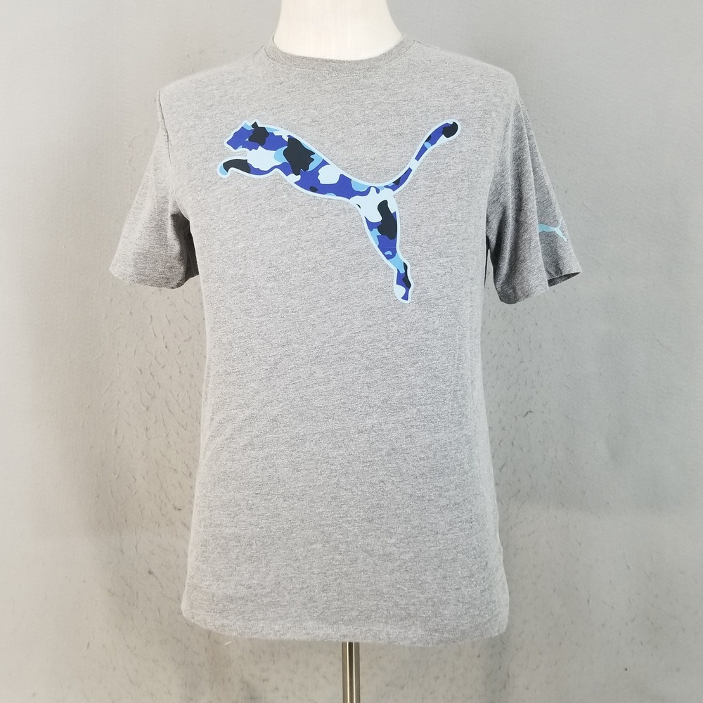 Puma T-Shirt Mens Small Gray Blue Camo‎ Logo Graphic Short Sleeve Athletic Tee